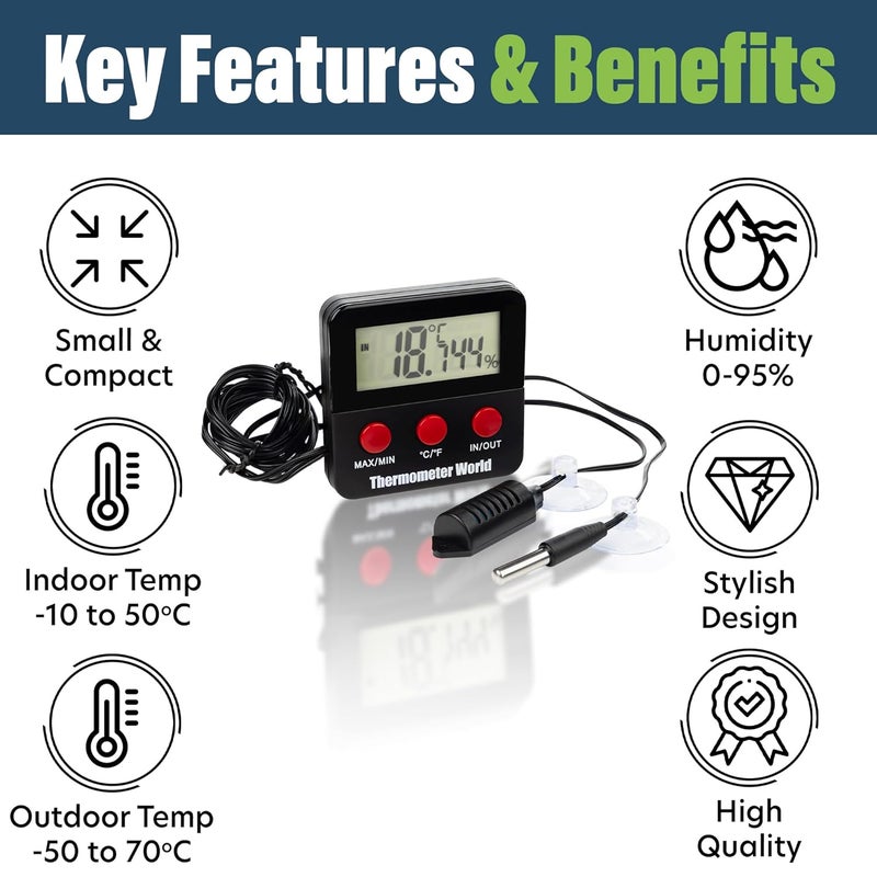 Thermometer World مقياس حرارة عالمي رقمي للزواحف ومقياس رطوبة مع مجسات عن بعد – مقياس حرارة ورطوبة للزواحف في التراريوم، خزان، حاضنة، مفقس�� داخلي وخارجي، مقياس حرارة عالمي، IN/010 - Image 2