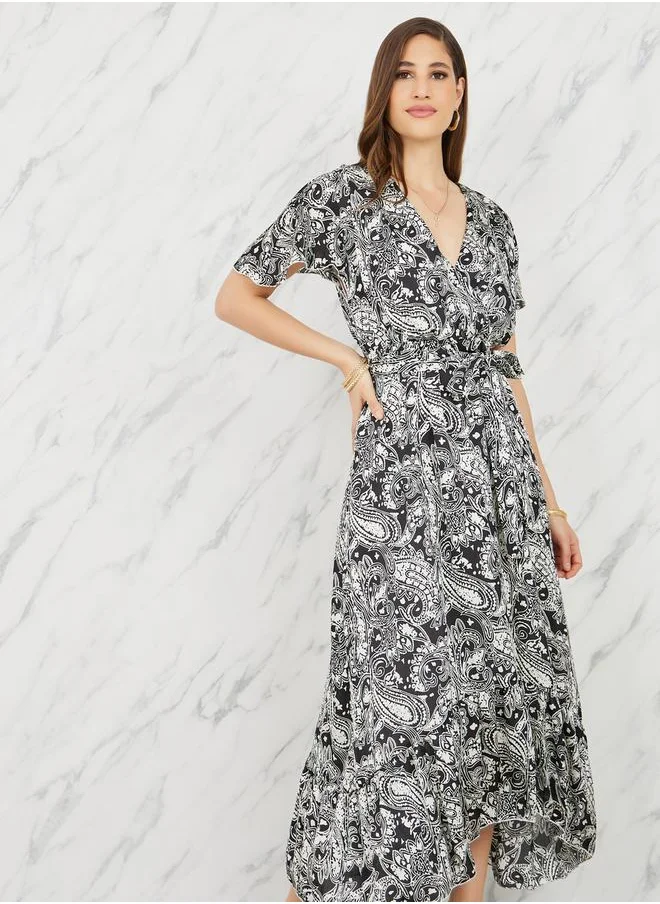 Styli Paisley Print Asymmetric Hem A-Line Midi Dress with Self Tie Up