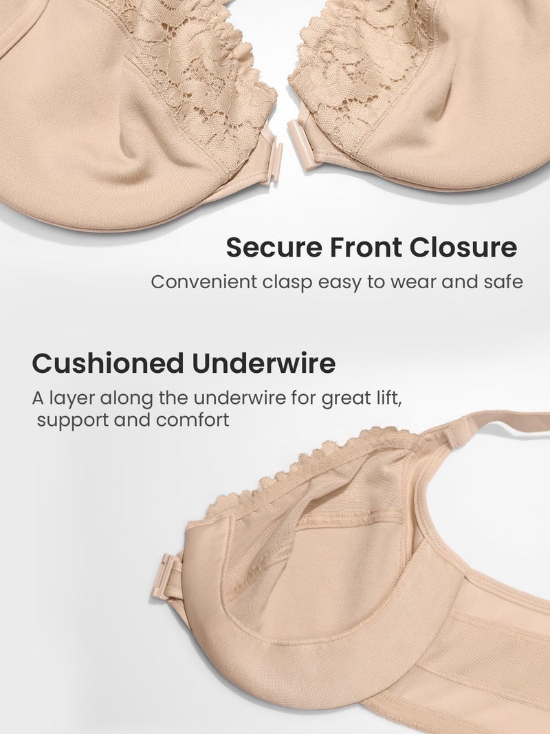 DELIMIRA Women's Front Closure Bras Posture Full Coverage Plus Size Lace Underwire Unlined Bra Beige 40C - Image 5