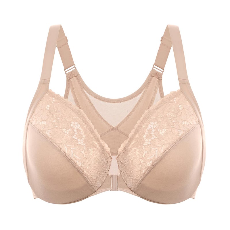 DELIMIRA Women's Front Closure Bras Posture Full Coverage Plus Size Lace Underwire Unlined Bra Beige 40C - Image 1