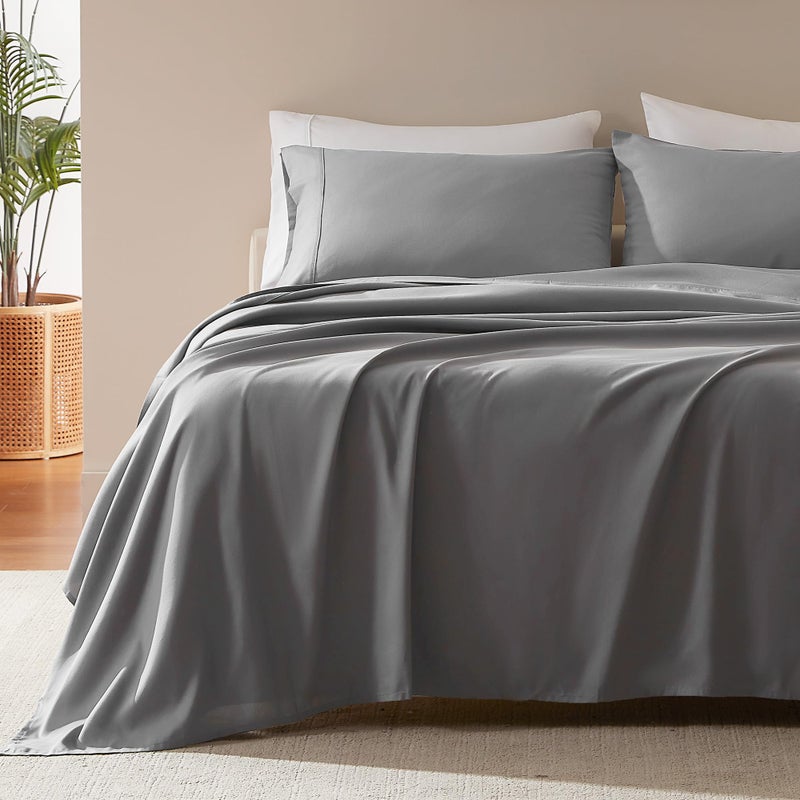 SLEEP ZONE Nanotex Super Soft Cooling Queen Bed Sheets Set 4 Piece  Easy Care Fitted Flat Sheet  Pillowcase Sets  Wrinkle Free Fade Resistant Deep Pocket 16 Gull Gray Queen