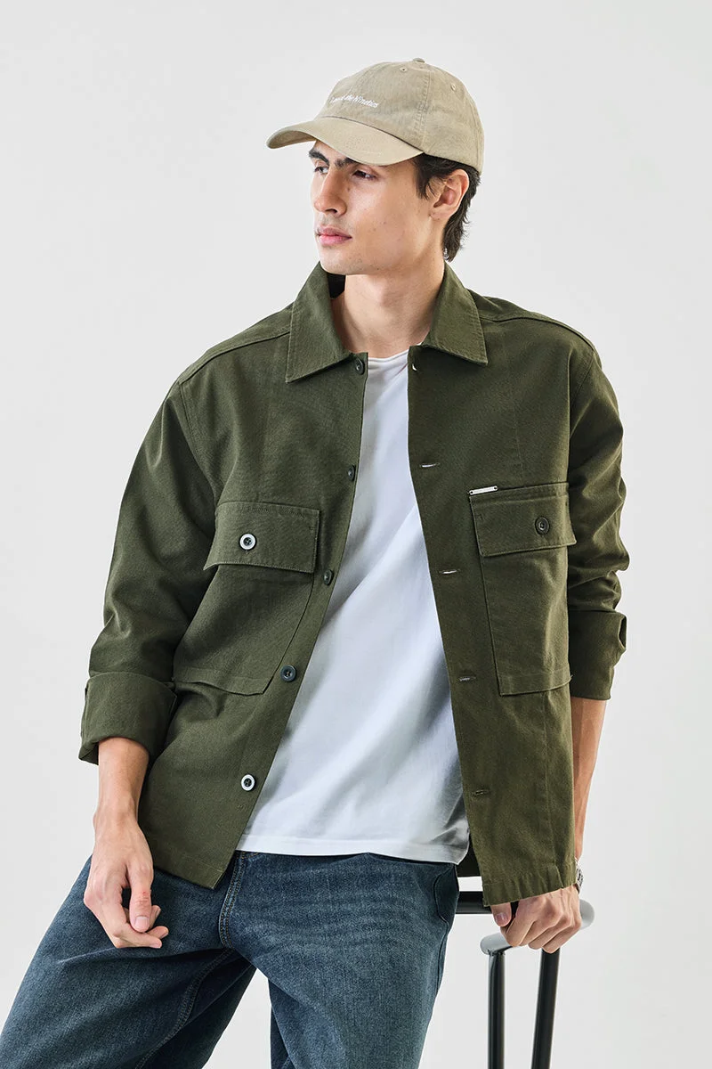 سنيتش Olive Solid Long Sleeve Oversized Jacket