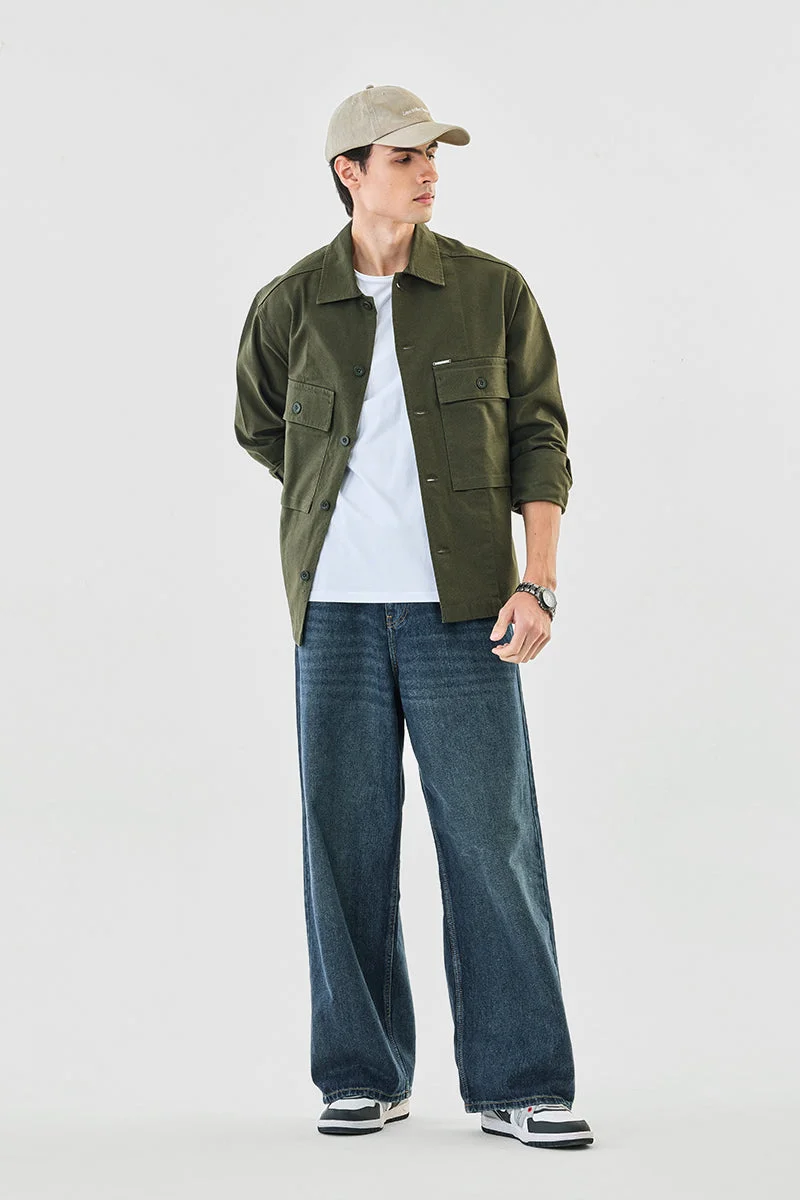 سنيتش Olive Solid Long Sleeve Oversized Jacket