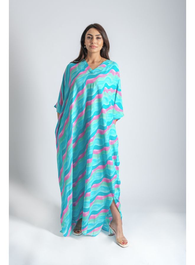 لندونيلا عباية مع تصميم وطباعة صيفية - ازرق - Free Size - 100133 - Image 1