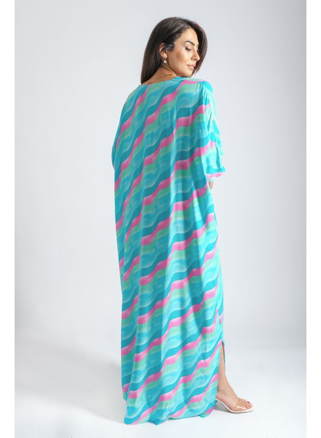 لندونيلا عباية مع تصميم وطباعة صيفية - ازرق - Free Size - 100133 - Image 2