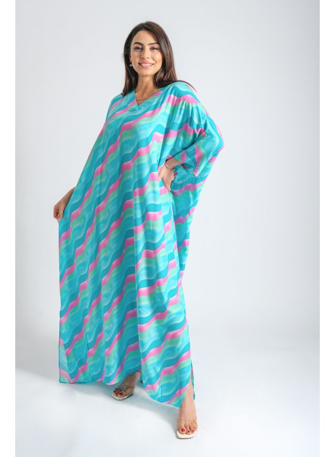لندونيلا عباية مع تصميم وطباعة صيفية - ازرق - Free Size - 100133 - Image 3