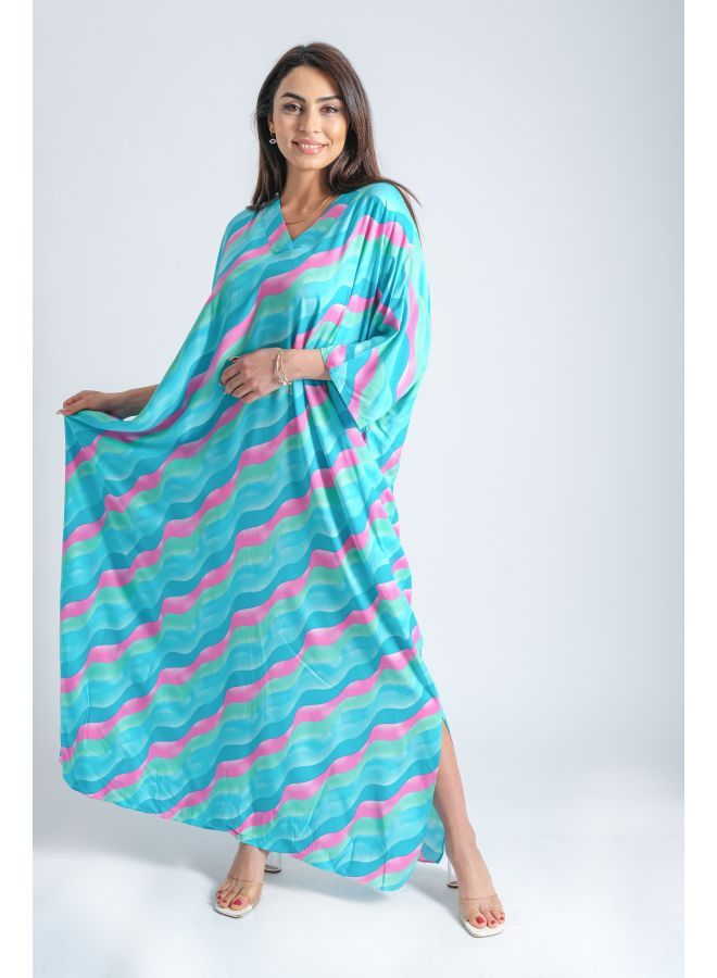 لندونيلا عباية مع تصميم وطباعة صيفية - ازرق - Free Size - 100133 - Image 5
