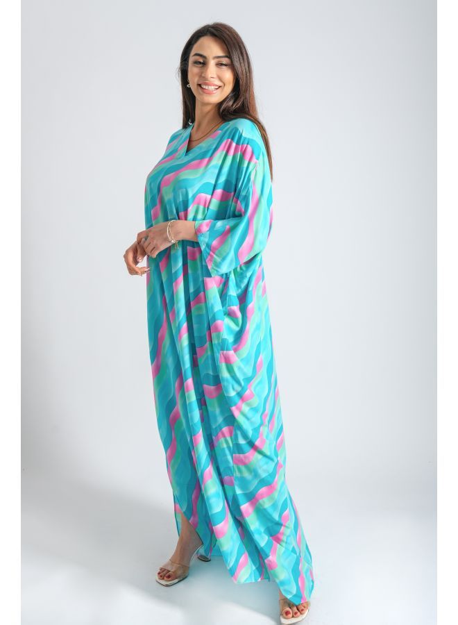 لندونيلا عباية مع تصميم وطباعة صيفية - ازرق - Free Size - 100133 - Image 4