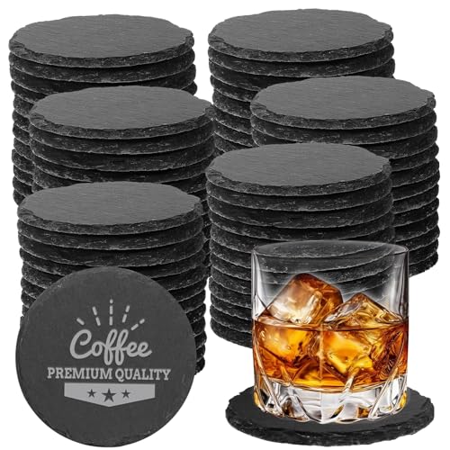 DASSNANE 72 PCS Black Natural Slate Coasters Bulk Set 4 Inch Laser Engraving Blanks with Anti Scratch Bottoms for Home, Office, Bar, Gifts Round Coasters - Image 1