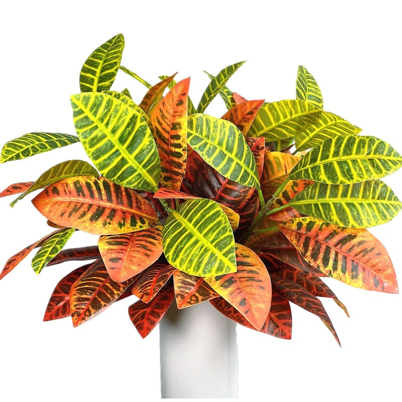 Magrowie Artificial Croton Plant Leaf Branches Lifelike Tropical Houseplant Bush Stems for Home Office Decoration Orange  Pack of 4