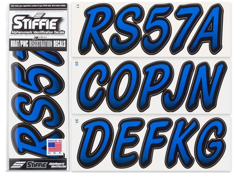 Stiffie WL44 Whipline Blue/Black 3" Alpha-Numeric Registration Identification Numbers Stickers Decals For Boats & Personal Watercraft