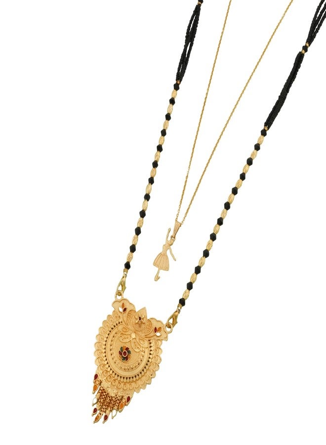 MALKYN Women's Gold Plated Floral Motif Mangalsutra with Red and Green Enamel Accents and Ballerina Pendant Layered Necklace Set, Traditional Black Beaded Wedding Jewelry-MD-122 - Image 1