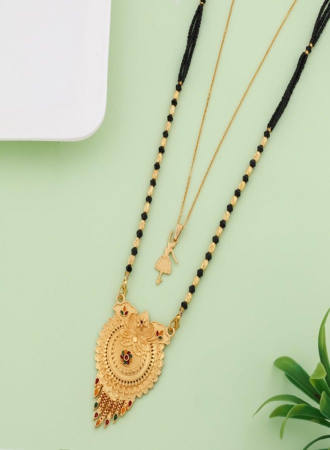 MALKYN Women's Gold Plated Floral Motif Mangalsutra with Red and Green Enamel Accents and Ballerina Pendant Layered Necklace Set, Traditional Black Beaded Wedding Jewelry-MD-122 - Image 2