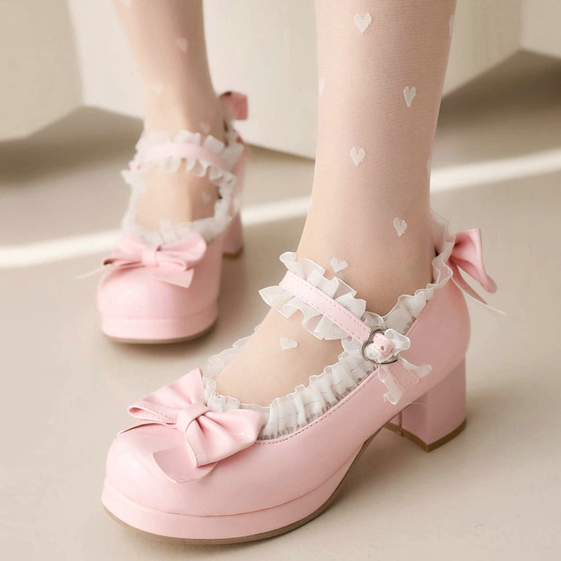 LUXMAX Women Bow Mary Janes Patent Leather Platform Sweet Lace Pumps Chunky Mid Heel Cute Shoes, Size 4 M US,Pink - Image 2