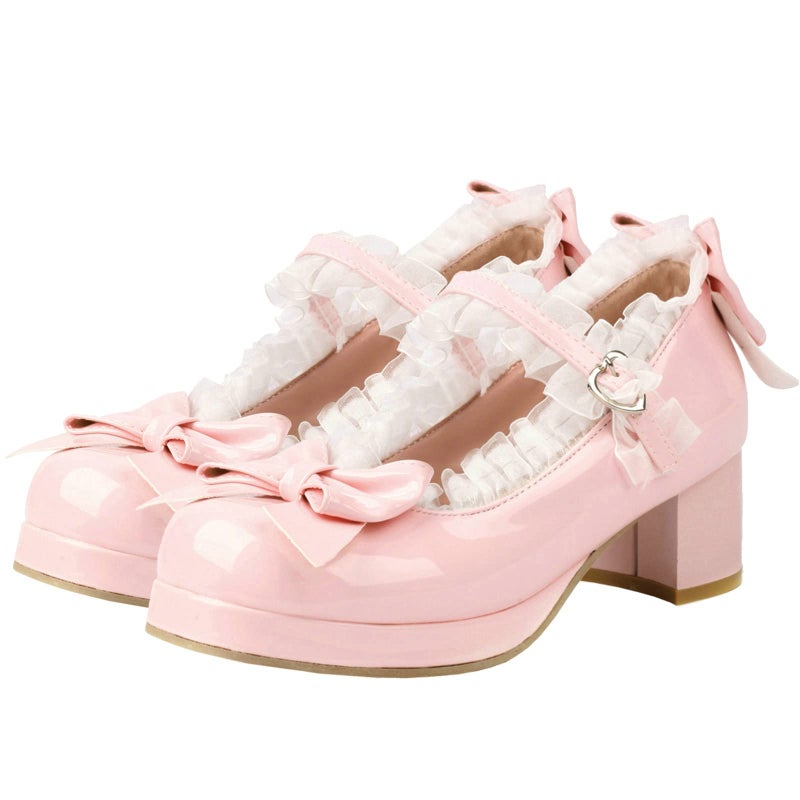 LUXMAX Women Bow Mary Janes Patent Leather Platform Sweet Lace Pumps Chunky Mid Heel Cute Shoes, Size 4 M US,Pink - Image 1