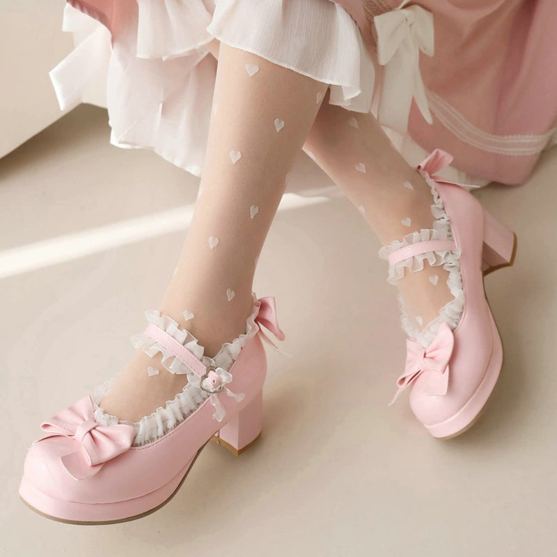 LUXMAX Women Bow Mary Janes Patent Leather Platform Sweet Lace Pumps Chunky Mid Heel Cute Shoes, Size 4 M US,Pink - Image 5