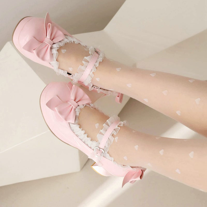 LUXMAX Women Bow Mary Janes Patent Leather Platform Sweet Lace Pumps Chunky Mid Heel Cute Shoes, Size 4 M US,Pink - Image 4