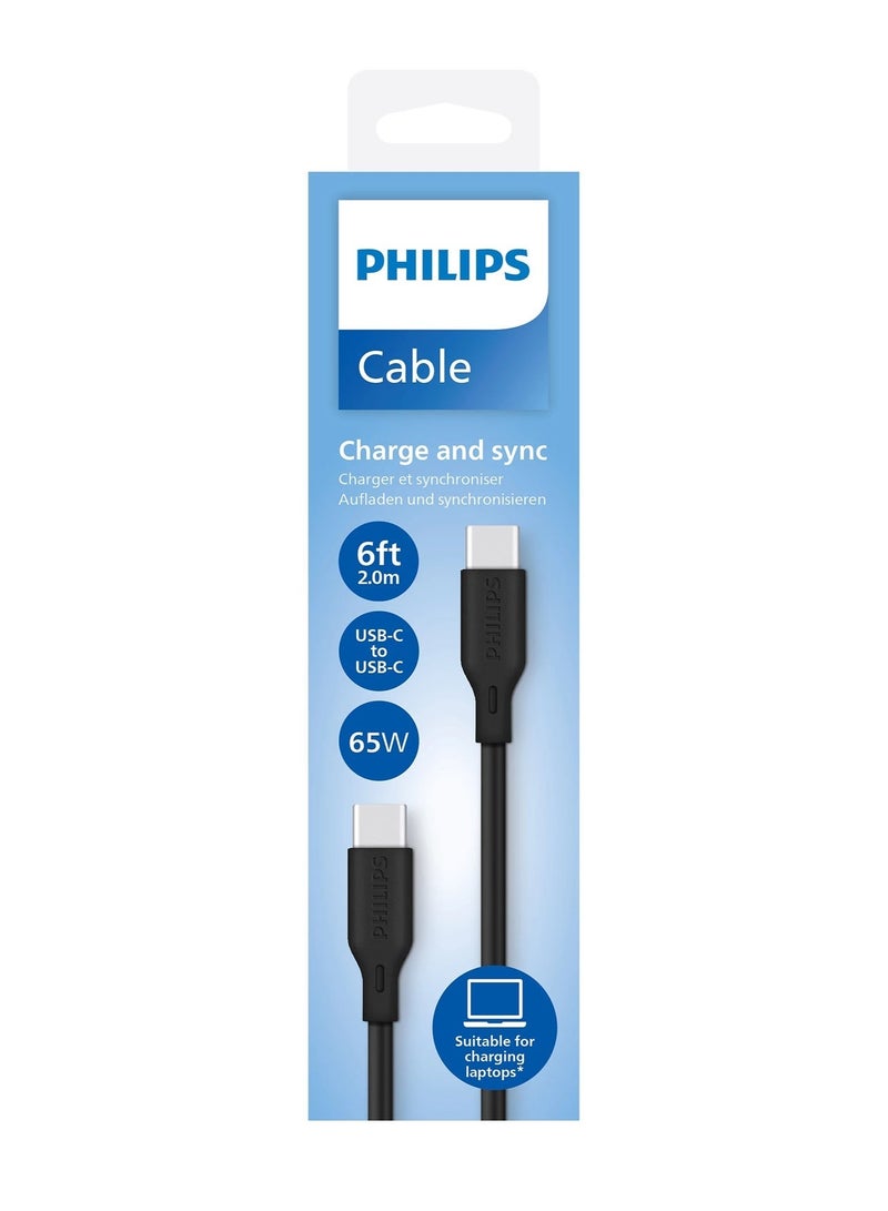 Philips USB-C to USB-C Cable 2m 65W PD (DLC4561CB/00) – Fast Charging & Data Sync, Durable Flexible Design – Black - Image 2