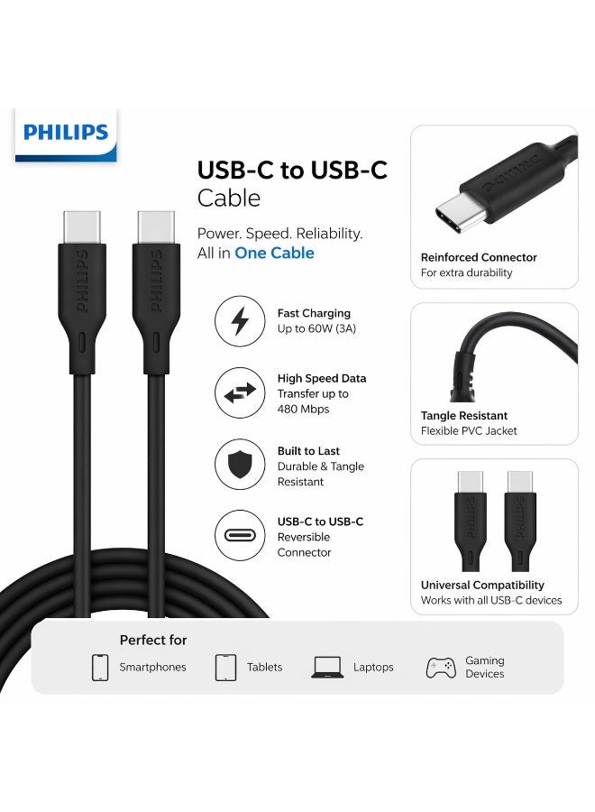 Philips USB-C to USB-C Cable 2m 65W PD (DLC4561CB/00) – Fast Charging & Data Sync, Durable Flexible Design – Black - Image 4