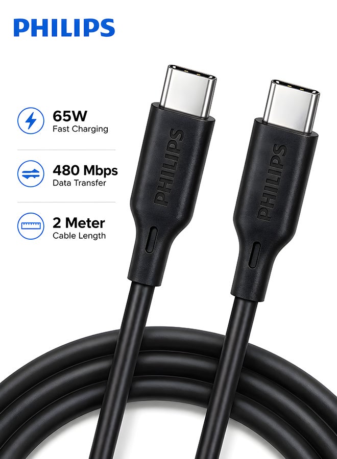 Philips USB-C to USB-C Cable 2m 65W PD (DLC4561CB/00) – Fast Charging & Data Sync, Durable Flexible Design – Black - Image 1
