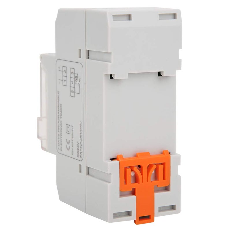 مفتاح توقيت بجهد DC 24V وسعة 30A، يدعم 16 برنامج تشغيل/إيقاف أسبوعيًا، مع شاشة عرض رقمية LCD، وريلي قابل للبرمجة، ووظيفة عد التنازلي، بطارية احتياطية للذاكرة، وتثبيت على رف DIN، مناسب للاستخدام المنزلي والصناعي. - Image 4