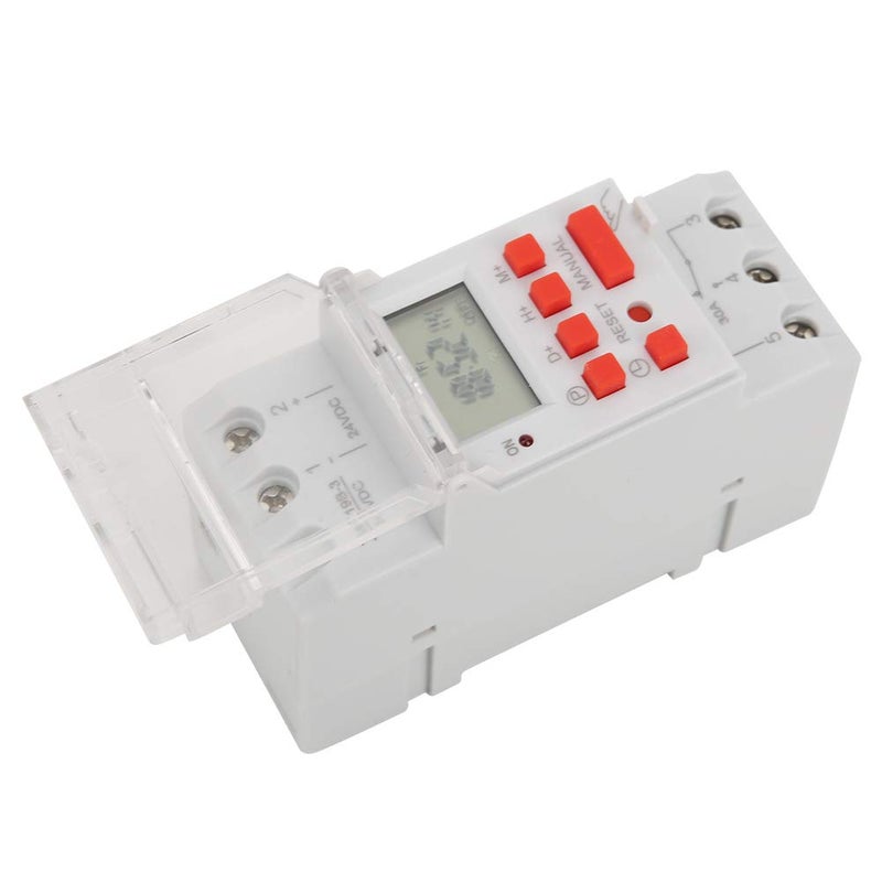 مفتاح توقيت بجهد DC 24V وسعة 30A، يدعم 16 برنامج تشغيل/إيقاف أسبوعيًا، مع شاشة عرض رقمية LCD، وريلي قابل للبرمجة، ووظيفة عد التنازلي، بطارية احتياطية للذاكرة، وتثبيت على رف DIN، مناسب للاستخدام المنزلي والصناعي. - Image 3
