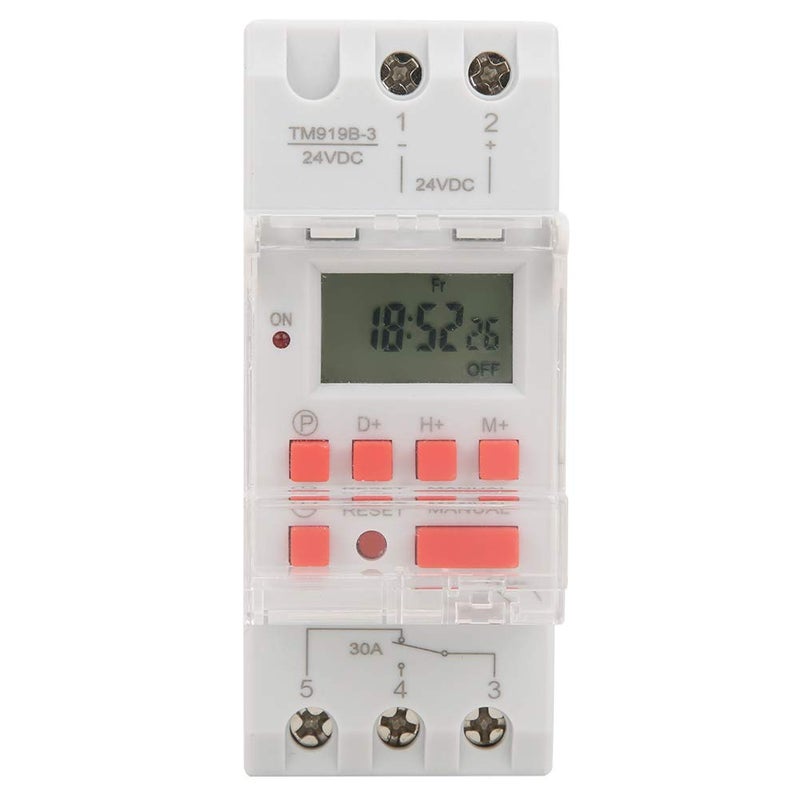 مفتاح توقيت بجهد DC 24V وسعة 30A، يدعم 16 برنامج تشغيل/إيقاف أسبوعيًا، مع شاشة عرض رقمية LCD، وريلي قابل للبرمجة، ووظيفة عد التنازلي، بطارية احتياطية للذاكرة، وتثبيت على رف DIN، مناسب للاستخدام المنزلي والصناعي. - Image 1