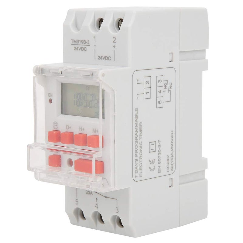 مفتاح توقيت بجهد DC 24V وسعة 30A، يدعم 16 برنامج تشغيل/إيقاف أسبوعيًا، مع شاشة عرض رقمية LCD، وريلي قابل للبرمجة، ووظيفة عد التنازلي، بطارية احتياطية للذاكرة، وتثبيت على رف DIN، مناسب للاستخدام المنزلي والصناعي. - Image 2