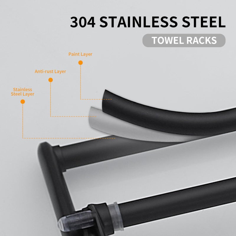 BESy 24 Inch Matte Black Towel Racks, Bathroom Towel Shelf with Foldable Towel Bar Holder and Towel Hooks, Wall Mounted Multifunctional Bathroom Accessories, Double Towel Bars - Image 4