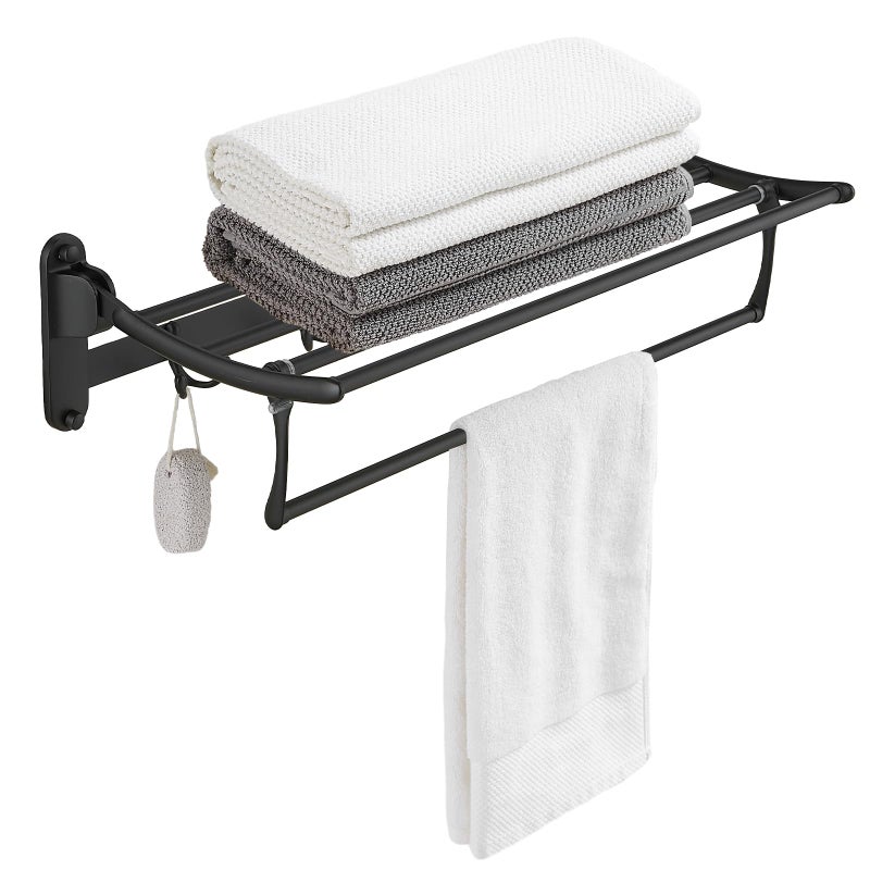 BESy 24 Inch Matte Black Towel Racks, Bathroom Towel Shelf with Foldable Towel Bar Holder and Towel Hooks, Wall Mounted Multifunctional Bathroom Accessories, Double Towel Bars - Image 1