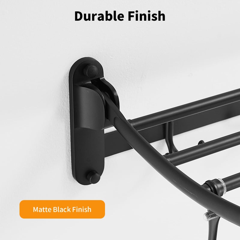 BESy 24 Inch Matte Black Towel Racks, Bathroom Towel Shelf with Foldable Towel Bar Holder and Towel Hooks, Wall Mounted Multifunctional Bathroom Accessories, Double Towel Bars - Image 3