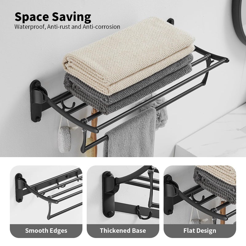 BESy 24 Inch Matte Black Towel Racks, Bathroom Towel Shelf with Foldable Towel Bar Holder and Towel Hooks, Wall Mounted Multifunctional Bathroom Accessories, Double Towel Bars - Image 2