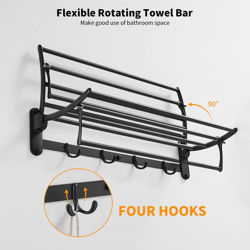 BESy 24 Inch Matte Black Towel Racks, Bathroom Towel Shelf with Foldable Towel Bar Holder and Towel Hooks, Wall Mounted Multifunctional Bathroom Accessories, Double Towel Bars - Image 5