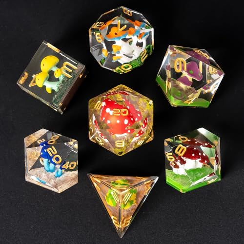 Cusdie Sharp Edge DND Dice 7 PCs Colored Mushroom Dice Set DD D20 D12 D10 D8 D6 D4 Handcrafted Polyhedral Dice Set for RPG and Other Table GamesColored Mushroom - Image 1