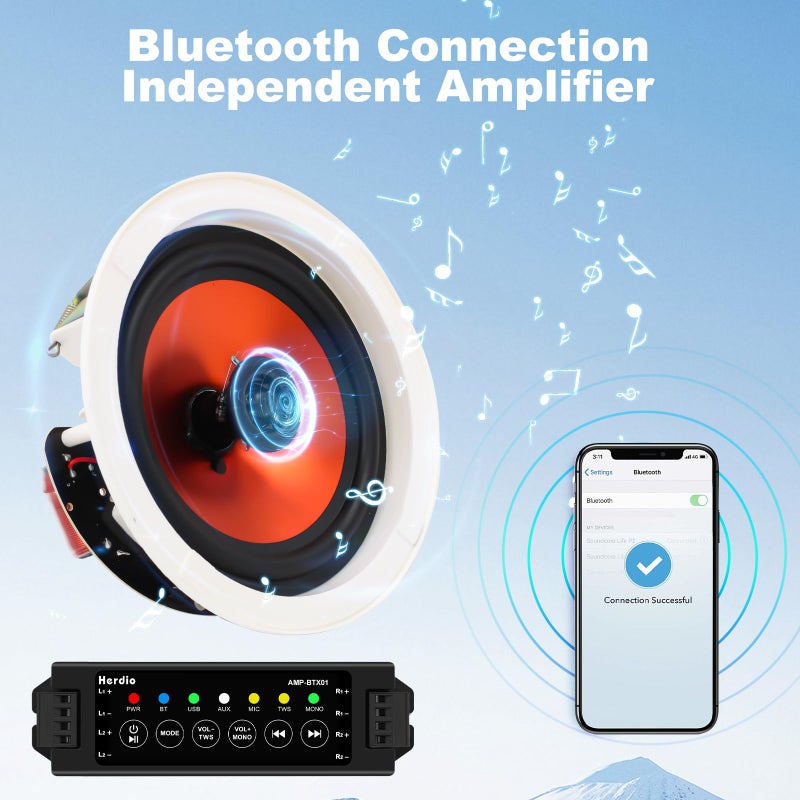 Herdio 4 Inch 480 Watts High Power Bluetooth Ceiling Speakers - 4 Recessed Speakers, Crisp Surround Sound for Home Theater, Bedroom, Kitchen, Office & Covered Patio(2 Paris) - Image 3