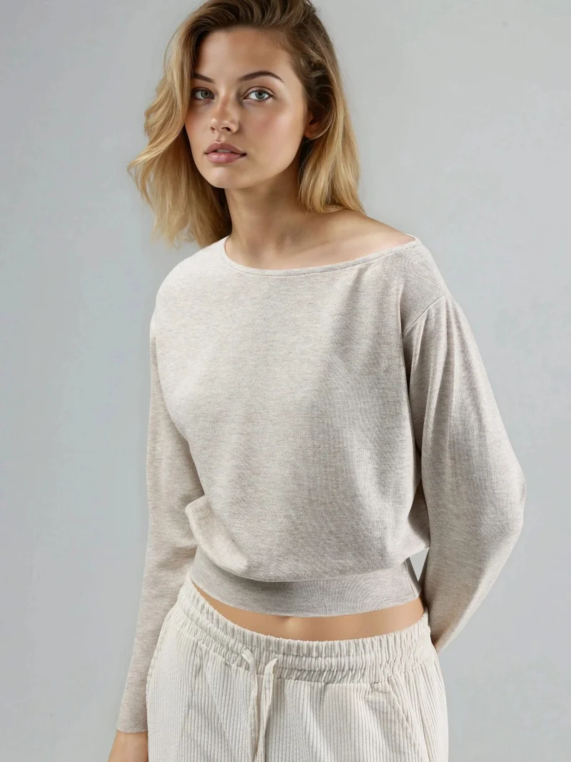 بوسيم BUSEM Boat Neck Long Sleeve Elastic Blouse