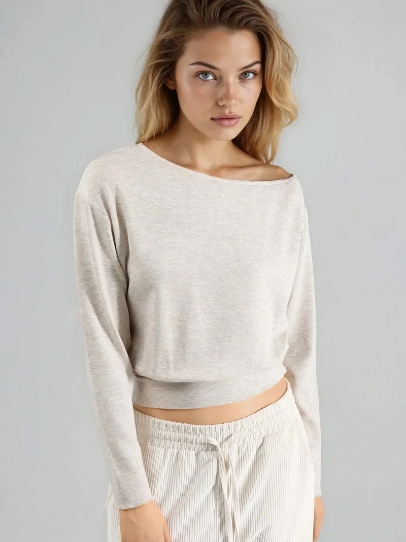 بوسيم BUSEM Boat Neck Long Sleeve Elastic Blouse