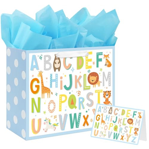 Laidans 13 Large Baby Boy Gift Bag for Baby Shower Birthday with Tissue Paper and Greeting Card ABC Alphabet Animal Design - Image 2