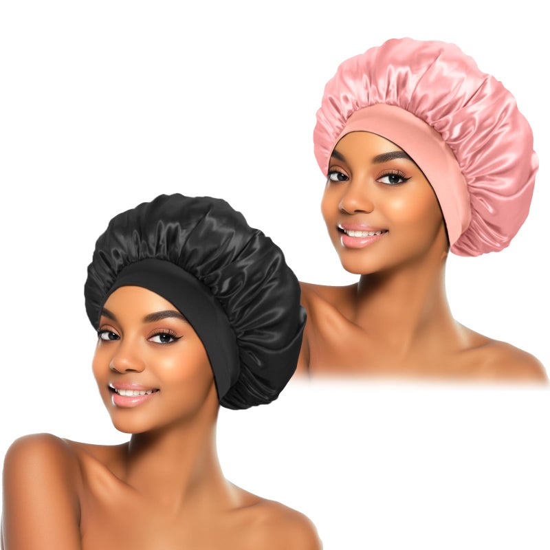 ZHENSILK 2Pcs Silk Bonnet for Sleeping, Satin Hair Bonnets, Soft Elastic Band Silk Sleep Cap, Hair Wrap for Women(Black Pink) - Image 1