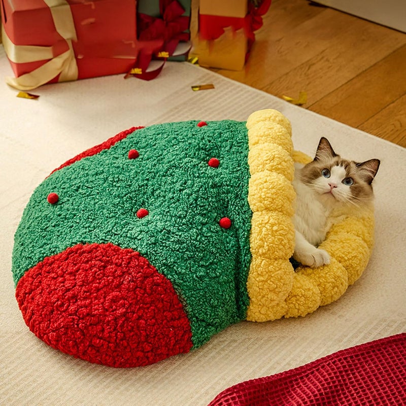 Winter Warm Cat Bed Cat Cave Bed Xmas Sock Shaped with Soft Sherpa Fleece Oxford Fabric, Privacy Design for Pet Comfort, Festive Xmas Style, Suitable for Kittens Small Dogs - Image 2