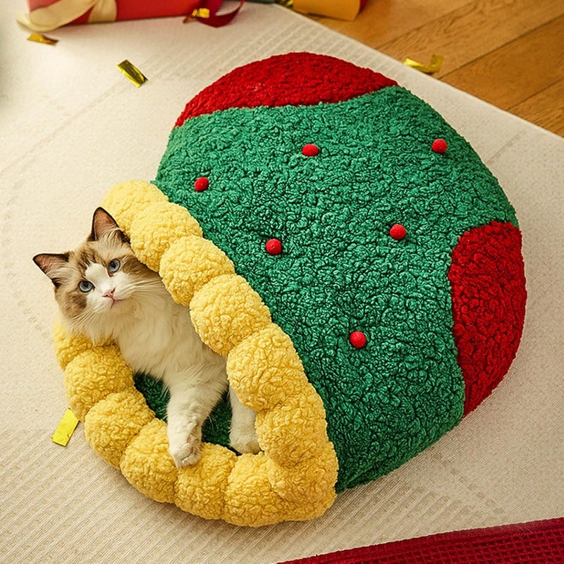 Winter Warm Cat Bed Cat Cave Bed Xmas Sock Shaped with Soft Sherpa Fleece Oxford Fabric, Privacy Design for Pet Comfort, Festive Xmas Style, Suitable for Kittens Small Dogs - Image 4