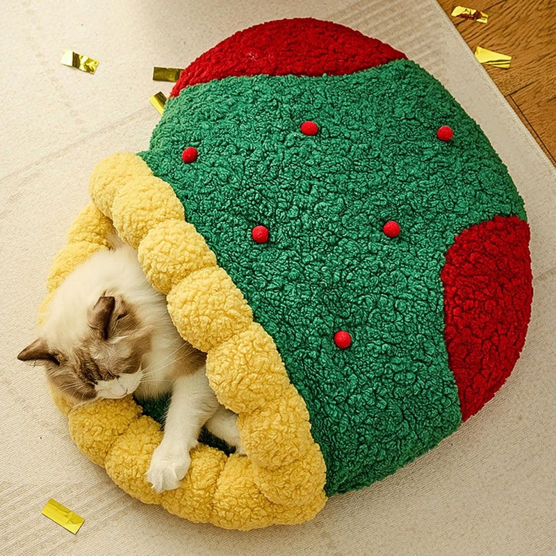 Winter Warm Cat Bed Cat Cave Bed Xmas Sock Shaped with Soft Sherpa Fleece Oxford Fabric, Privacy Design for Pet Comfort, Festive Xmas Style, Suitable for Kittens Small Dogs - Image 5