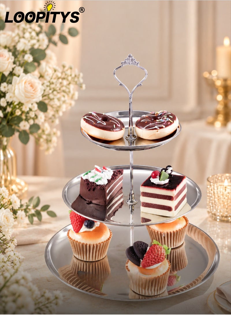 LOOPITYS 3-Tier Food Grade Stainless Steel Cupcake Stand, Rust & Fade Resistant Dessert Display Tower, Stable Base Easy Assembly for Wedding Birthday Baby Shower Party Decor - Image 1