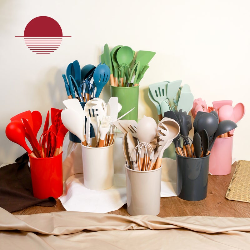 Wooden Handle Silicone Kitchenware Suit With Storage Bucket Non-Stick Pan Kitchen Cooking Utensils Shovel Spoon 12-Piece Set - Image 2