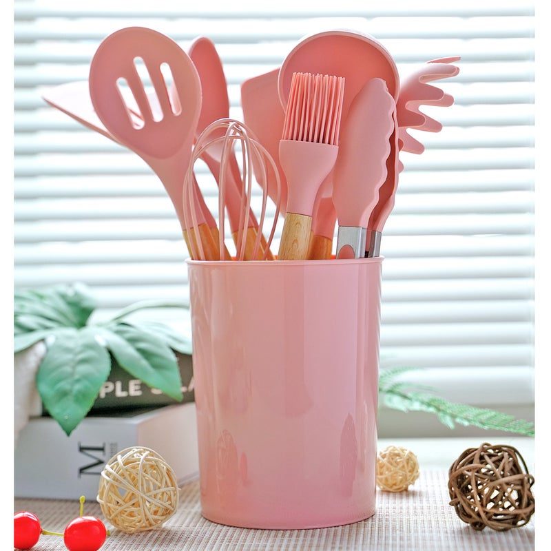 Wooden Handle Silicone Kitchenware Suit With Storage Bucket Non-Stick Pan Kitchen Cooking Utensils Shovel Spoon 12-Piece Set - Image 3