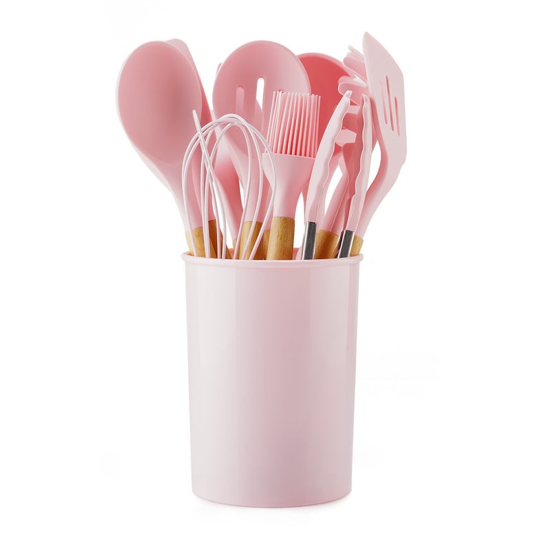 Wooden Handle Silicone Kitchenware Suit With Storage Bucket Non-Stick Pan Kitchen Cooking Utensils Shovel Spoon 12-Piece Set - Image 1