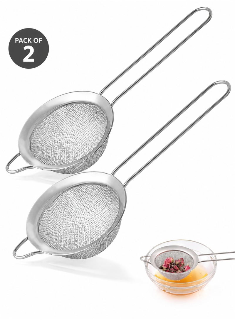 Pack of 2 Stainless Steel Fine Mesh Kitchen Strainers with Long Handle, Mini Tea and Coffee Sieve for Juice, Cocktails, Baking and Food Filtering, Rust Resistant Durable Mesh Strainer, 3.35 Inch - Silver - Image 1