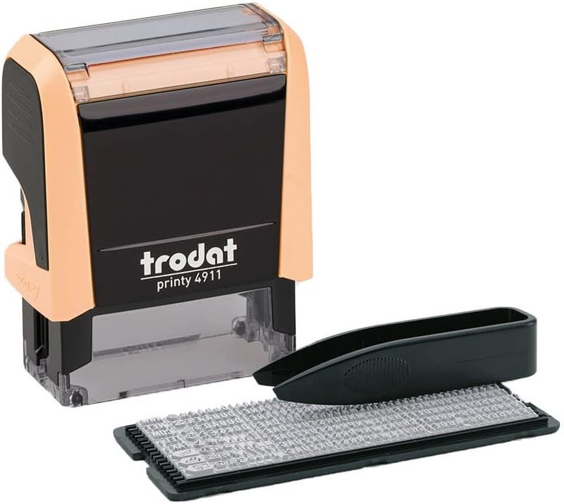 ترودات مجموعة ختم Printy 4911 باللون الكريمي الباستيل للأعمال اليدوية – 3 أسطر من النص، بصمة 38 × 14 مم، ألمانية، تتضمن ملقطًا، وسادة حبر سوداء ومجموعة حروف وأرقام بحجم واحد - Image 1