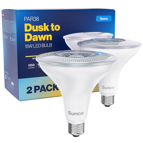 Sunco Lighting Sunco LED Flood Light Bulb, Waterproof PAR38 Dusk to Dawn Outdoor Lighting, 1250 LM, 120W Equivalent 15W, Exterior, Wet-Rated, 5000K Daylight, E26 Base, for Porch Garage Yard, UL 2 Pack. - Image 1