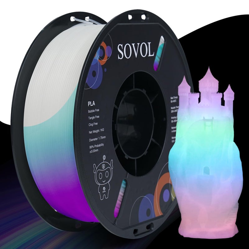 Sovol 3D Printer Glow in The Dark Filament Gradient Multicolor Fast Change PLA 1kg (2.2 lbs) Spool 3D Printing Materials, Dimensional Accuracy +/- 0.03 mm, 1.75 mm, Glow Multicolored - Image 1